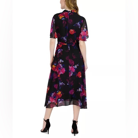 NWT DONNA RICCO Women's Floral-Print Belted Flutter-Sleeve Dress - Picture 2 of 7